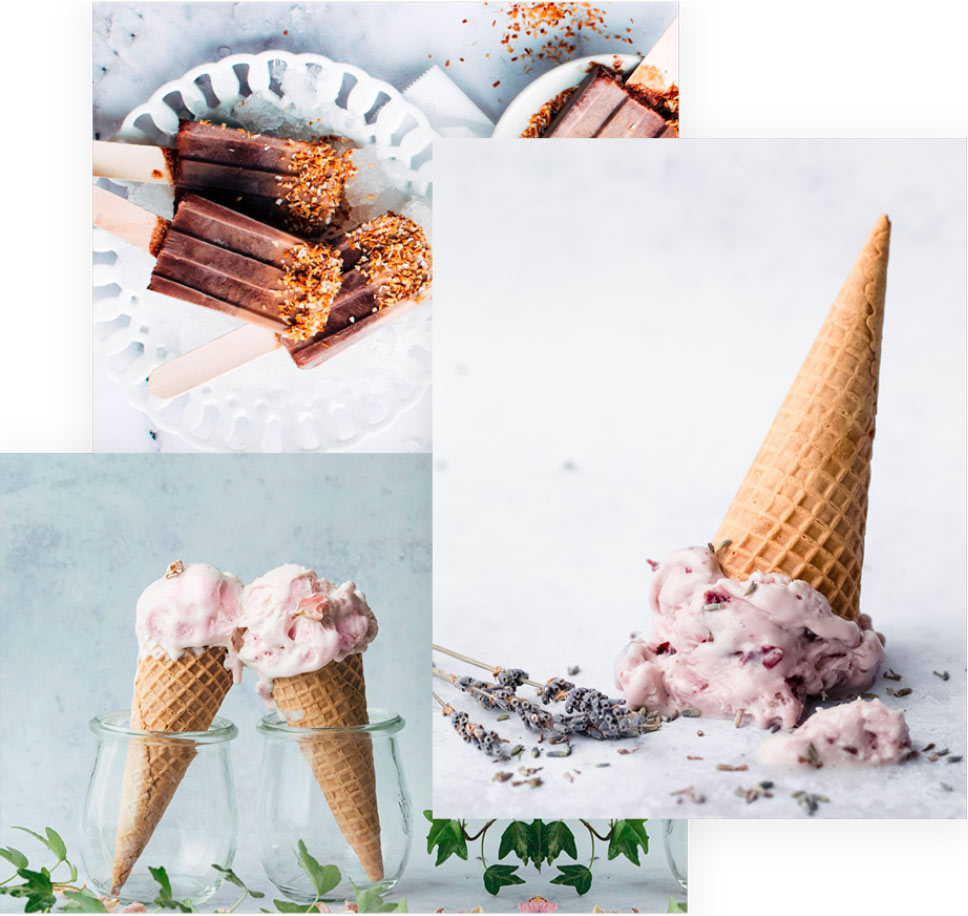 Collage of three gelato pictures: chocolate pops with nuts, waffle cones in glass jars, and a melting gelato cone