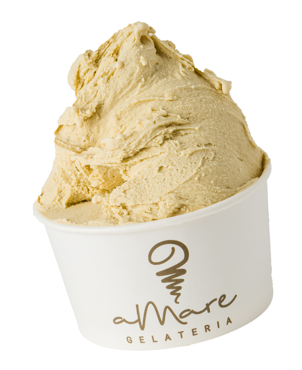 White gelato cup with aMare logo with scoop of Pistachio Bronte taste